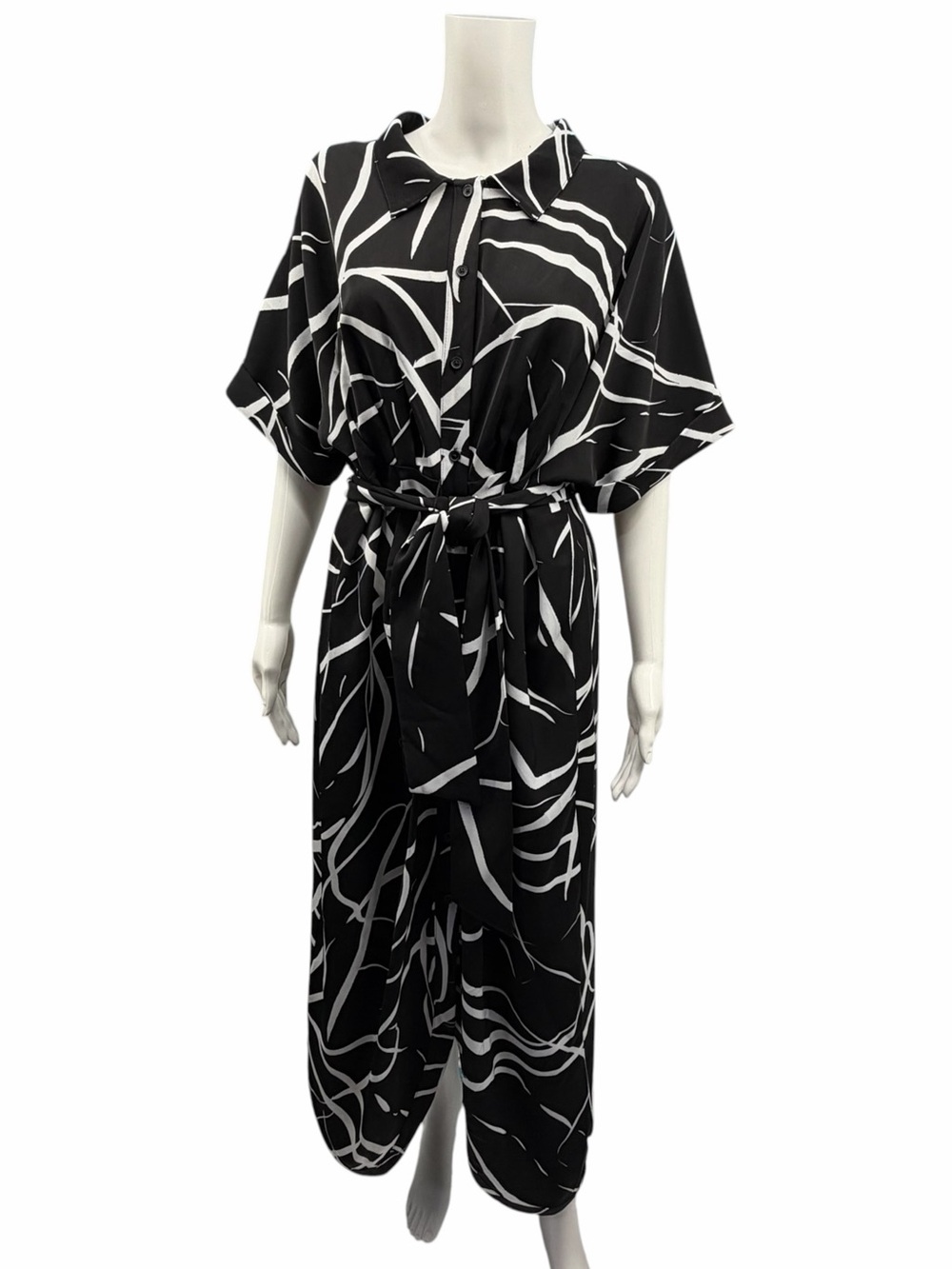 DKNY Black and White Abstract Button-Front Maxi Dress with Tie Waist